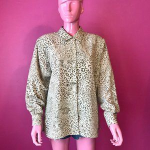 Vintage 90s XL Leopard Blouse Beige Brown Button Down Long Sleeve Collar Casual